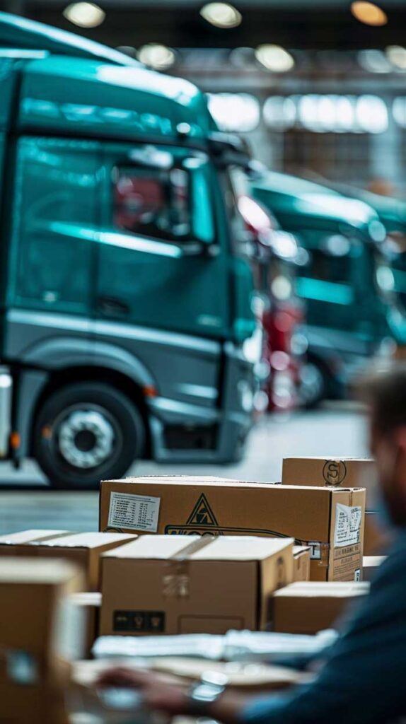 Fotografía de unos camiones con cajas de carga, representativos de transporte y logística.