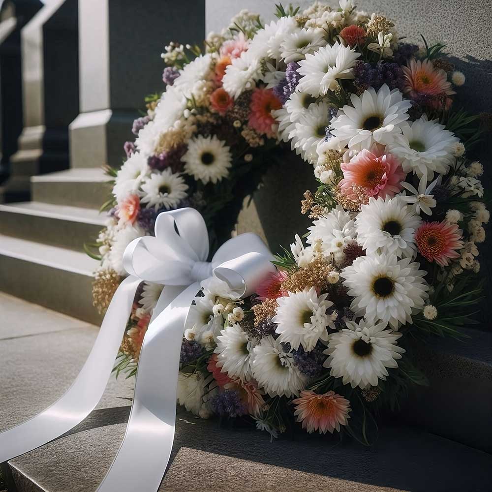 Fotografía de una preciosa corona de flores de defunción.