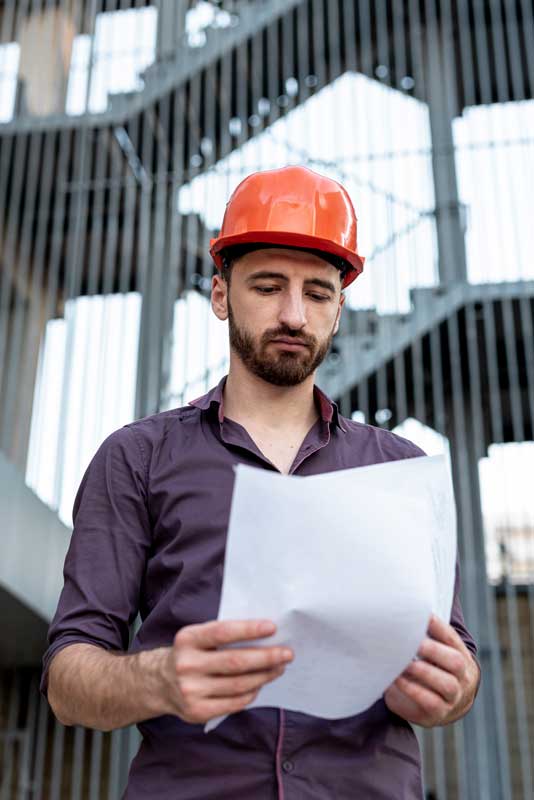 Fotografía de un ingeniero profesional con un casco de obra, leyendo un informe. Con un edificio detrás.